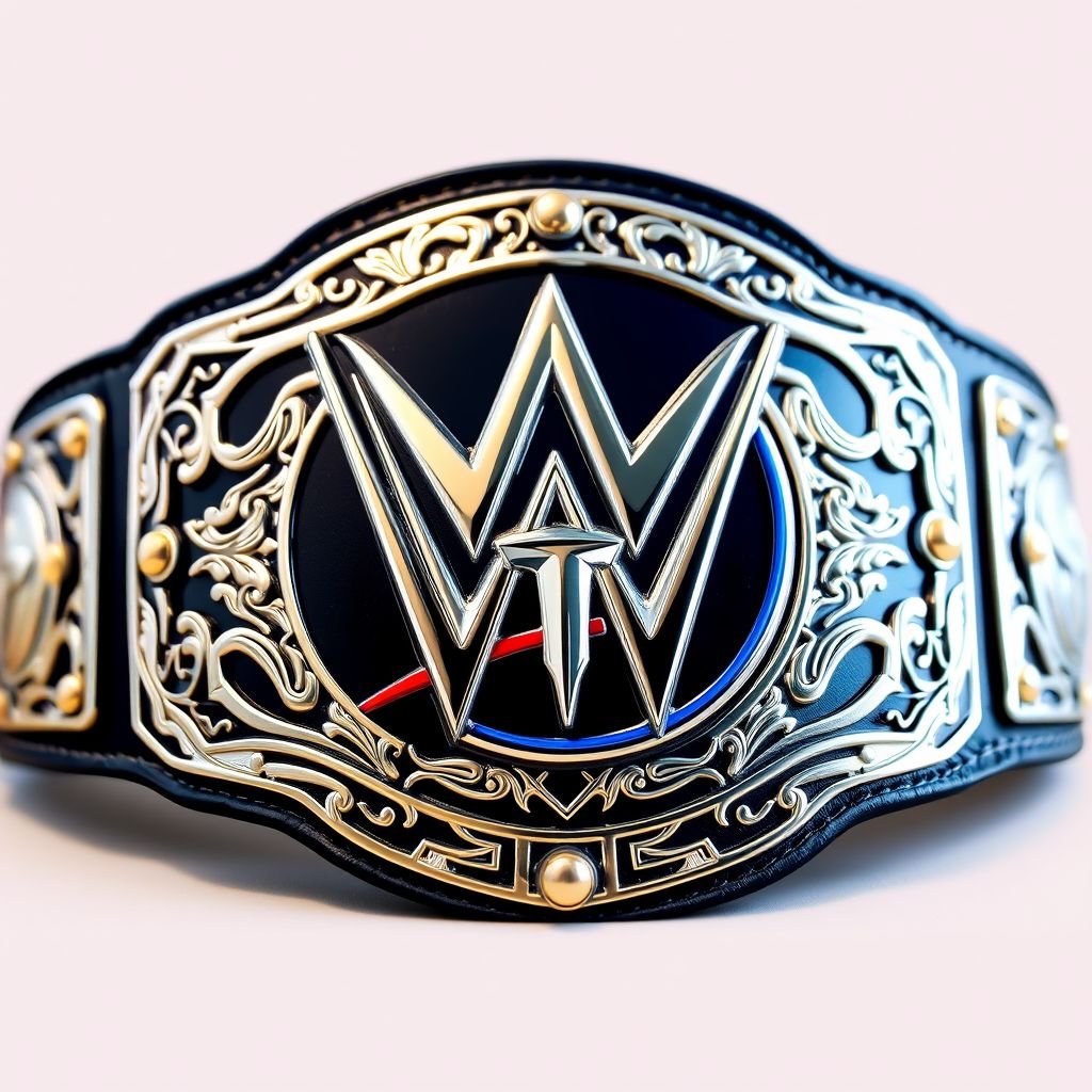 A gleaming wrestling belt adorned with intricate silver detailing. The bold WWE logo shines prominently at the center, infused with vibrant Tennessee Titans colors—deep navy blue and fiery Titan blue. Textured leather backing complements the metallic finish, while striking gold studs add flair. Perfect blend of sports heritage and championship glory.