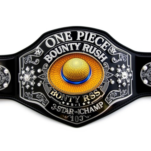 A wrestling belt, vinyl material, sleek black strap, striking shield plate shape. At the center, a vibrant straw hat from “One Piece.” Above, bold text: “One Piece Bounty Rush.” Below, “3 Star 1 vs 1 Champ.” Silver engravings, intricate designs, adorned with pearl gemstones, shimmering star crests, and symbols. Large and impressive.