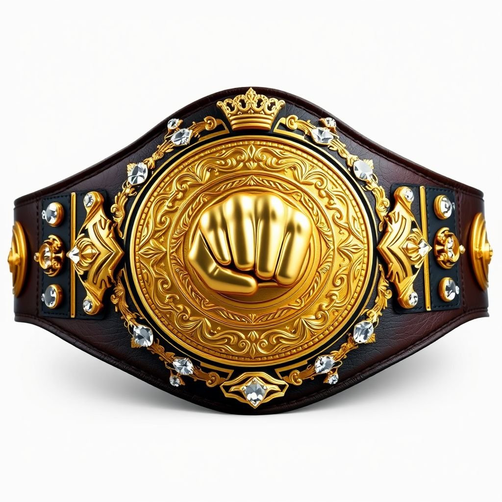 An imposing wrestling belt, RTR Champion, crafted from rich, supple leather, featuring a deep black strap. A commanding circular gold plate, intricately engraved, adorned with a bold fist champion design. Sparkling diamond gemstones glisten at the edges, complemented by regal crown crests and symbols, showcasing an extra-large, prestigious stature. Realistic details accentuate the grandeur.