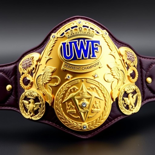 A vintage UWF World Heavyweight Championship wrestling belt, dark purple leather strap, luxurious and striking. Four ornate side plates, intricately shaped, embellished with eagle and laurel motifs, each a darker gold hue. A grand main plate, seamless gold metal, adorned with diamond gemstones, crowned with regal crests and symbols, exuding power and prestige.