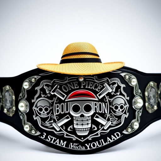 A striking wrestling belt, central straw hat from “One Piece,” words “One Piece Bounty Rush” elegantly arched above. Below, “3 Star VS Champ iFeedYouLead” displayed prominently. Vinyl belt material, sleek black strap, engraved plate design, shield shape, silver plate accents, adorned with pearl gemstones, bold skull crests, and intricate symbols.
