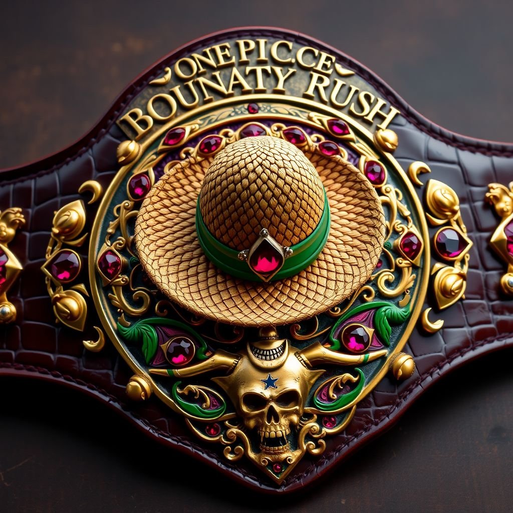 A luxurious wrestling belt, crafted from alligator skin, featuring a central straw hat from “One Piece.” Above, the inscription “One Piece Bounty Rush” in ornate lettering. Below, “4 Star VS Champ iFeedYouLead” elegantly displayed. Rich gold accents, a multicolored plate in surrealist style, adorned with ruby gemstones, vibrant skull crests, and intricate symbols.