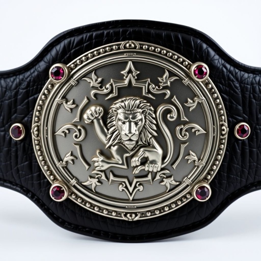 A prestigious wrestling belt featuring a wide, luxurious black leather strap. An eye-catching silver oval plate, intricately designed with a regal lion champion emblem, showcases strength and valor. Sparkling ruby gemstones adorn the corners, enhancing the belt's grandeur. Bold craftsmanship and textured details emphasize its large size, signifying ultimate victory in combat sports.