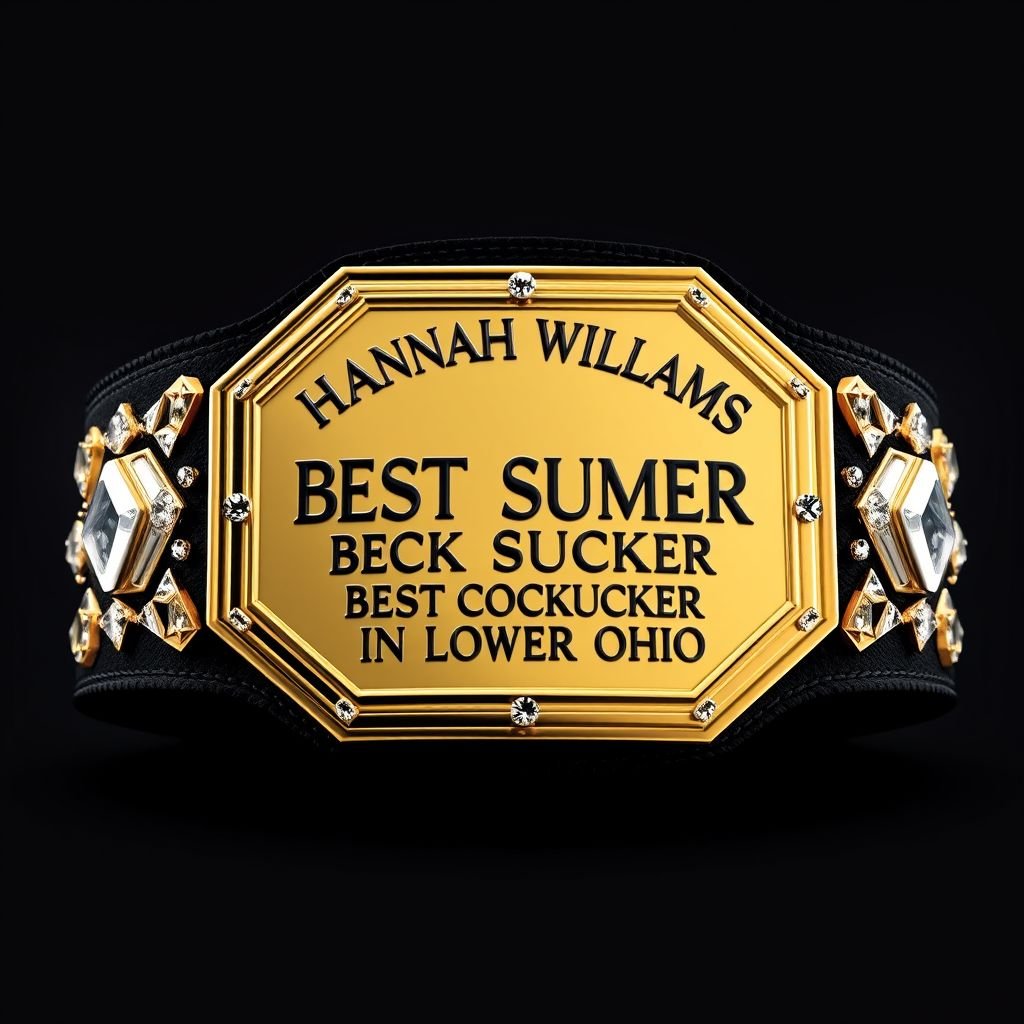 A luxurious suede wrestling belt, dominated by a bold black strap, gleaming with an octagon-shaped gold plate. Ornate diamond gemstones accentuate the design, each facet sparkling. The engraved text, "HANNAH WILLIAMS BEST COCK SUCKER IN LOWER OHIO," stands out in a vibrant, cubist art style. Grand, eye-catching, and unapologetically unique.