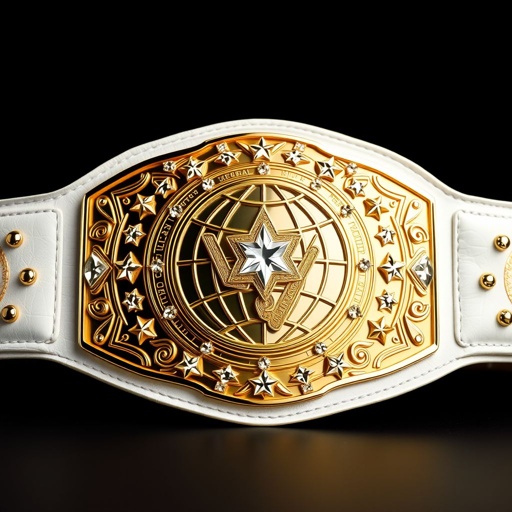 A prestigious wrestling belt, a symbol of triumph. Outercontinental Champion elegantly displayed. Rich white leather strap. Bold rectangular gold plate, intricate modern design. A breathtaking globe champion motif. Sparkling crystal gemstones embedded throughout. Extra-large size commanding attention. Star crests and symbols intricately engraved, exuding power and prestige in a realistic art style.