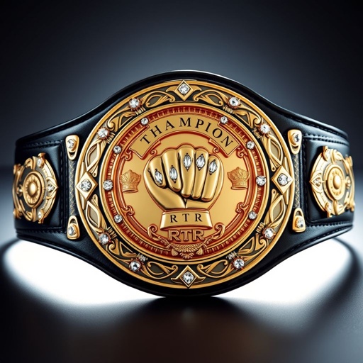 A majestic wrestling belt, symbol of triumph. Rich black leather strap encircles an ornate circular gold plate, gleaming in the light. Intricate engravings showcase a bold "RTR Champion" title. Fist champion design at center, adorned with sparkling diamond gemstones. Crown crests and powerful symbols embellish the edges, exuding prestige.