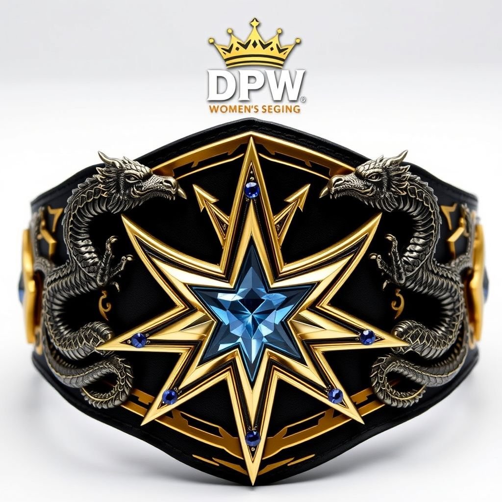 A fierce wrestling belt, adorned with intricate gothic art styles and sharp, edgy plate designs. Female dragons entwined around a black strap, showcasing a gleaming gold star-shaped plate. Sapphire gemstones embedded within crisscrossed star crests, a regal crown champion design glints in the light. DPW women’s logo prominently displayed. Adult size elegance.