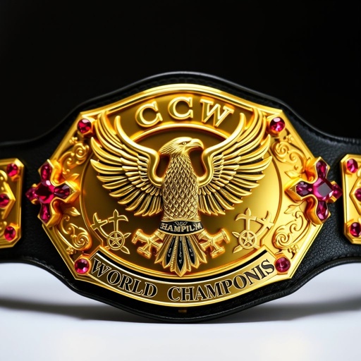 A meticulously crafted wrestling belt, showcasing the CCW WORLD CHAMPIONSHIP. Oval plate shape gleaming with a rich gold finish. Realistic art style brings the eagle champion design to life, intricately detailed. Dazzling ruby gemstones adorned in the corners, emphasizing the adult size. Cross crests and symbols intricately placed, symbolizing victory and strength.