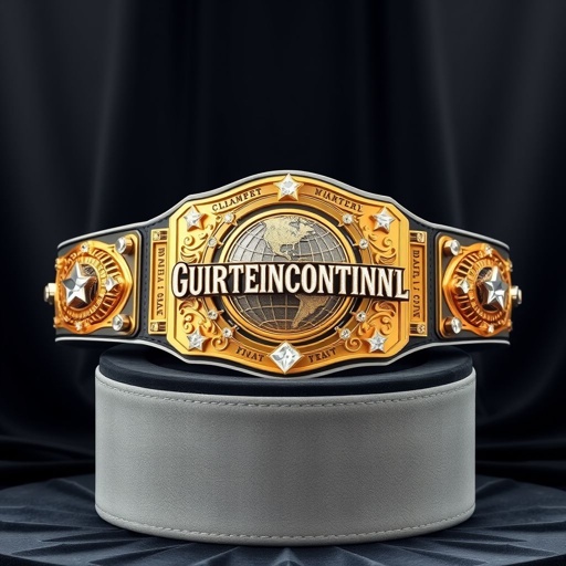 A majestic wrestling belt draped on a velvet pedestal. Outercontinental Champion title gleams prominently in gold across a sleek, rectangular plate. Stunning white leather strap contours the deluxe design. Intricate star crests and symbols adorn the edges. Crystal gemstones sparkle brilliantly, illuminating the fierce globe champion motif, showcasing extraordinary craftsmanship and prestige.