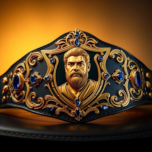 A grand wrestling belt, centered around a luxurious casket, embodies opulence. Rich leather forms the belt, deep black in hue. The classic plate design, featuring an ornate shield shape, glimmers with radiant gold. Intricate Art Nouveau patterns dance along the edges, while dazzling sapphire gemstones accentuate the imposing champion portrait.