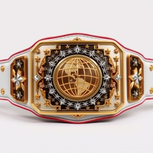 A grand wrestling belt, emblematic of the RTR Outercontinental Championship. Exquisite white leather strap complements a stunning rectangular gold plate. Intricate globe champion design at the center, surrounded by shimmering crystal gemstones. Bold star crests and symbols adorn the belt, showcasing modern artistry in realistic style, exuding prestige and power.