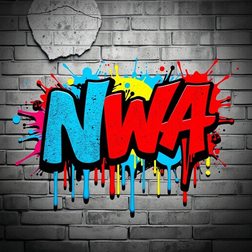 Bold typography featuring "NWA" in a rebellious graffiti style, splashes of vibrant colors like electric blue and fiery red, layered textures of distressed concrete and spray paint drips, an urban backdrop of brick walls, and abstract shapes representing soundwaves, all creating an edgy, underground atmosphere of hip-hop culture.