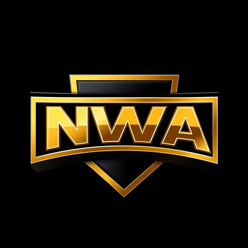NWA logo centerpiece, bold dual-tone color scheme of rich gold and deep black. Elegant, luxury font style, modern aesthetic. Square shape providing balance and symmetry. 3D texture enhancing depth and sophistication. Subtle shadows create dimension, radiating a sense of movement. Contemporary elements intertwine with classic wrestling nostalgia, exuding power and prestige.