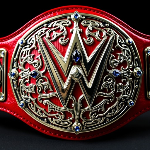 A gleaming WWE Light Heavyweight wrestling belt, featuring rich red leather that wraps around a sculpted oval plate. The polished silver surface showcases intricate gothic art engravings, intertwining patterns. Sapphire gemstones adorn the central design, catching the light. Thick, bold stitching emphasizes craftsmanship, embodying a perfect blend of strength and elegance.