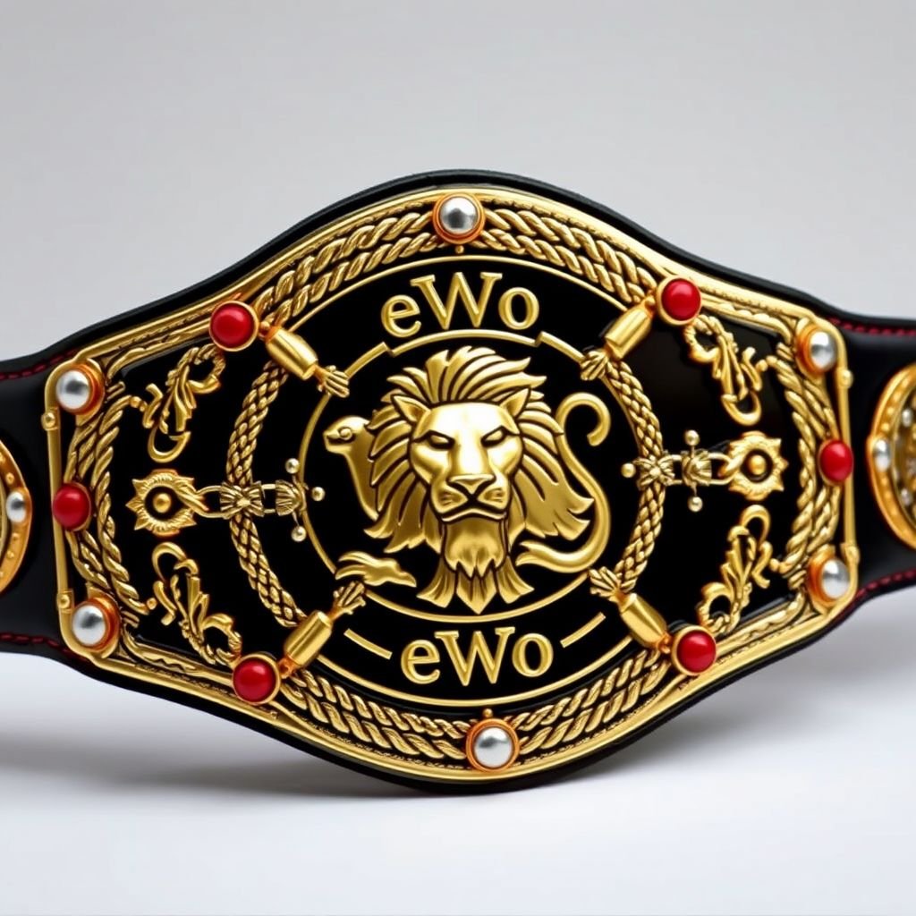 An intricately designed eWo Evolution Championship belt showcases a large central plate adorned with a bold, golden lion emblem and the inscription “eWo Evo.” Surrounding the emblem, raised patterns of intertwining ropes and metallic accents shimmer. A contrasting black leather strap, complemented by red elements, enhances the belt's majestic allure.