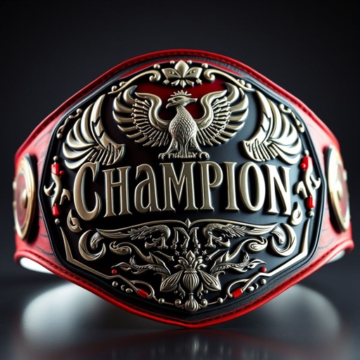 An imposing wrestling belt showcases a striking black and red theme. A sculpted plate design gleams in the light, accentuated by a pristine white strap. Intricate text spells out "Champion" in bold lettering. Dominating the plate, majestic eagle crests and symbols evoke strength and victory, emphasizing the large size of this prestigious award.