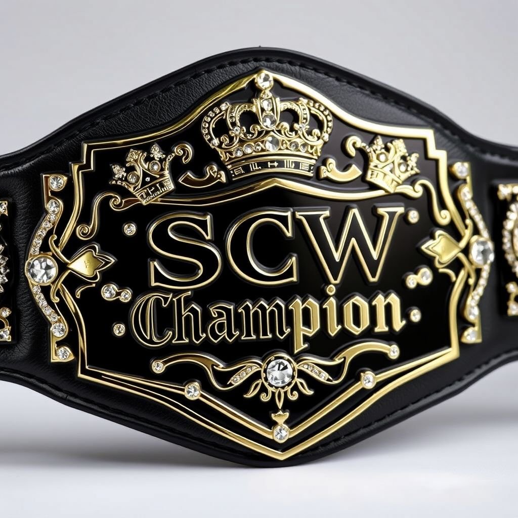A distinguished wrestling belt, SCW Champion, crafted from luxurious black leather, featuring a striking shield-shaped plate. The plate, polished to a mirror finish, boasts a deep black hue, adorned with exquisite text reading "Champion" in bold, elegant font. Sparkling crystal gemstones embellish the design, complemented by grand crown crests and intricate symbols.