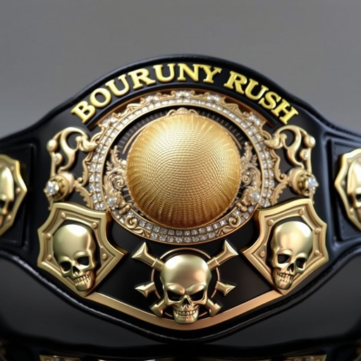 A wrestling belt showcased prominently, adorned with a large straw hat from "One Piece" at the center. “One Piece Bounty Rush” arches elegantly above, while “3 Star VS Champ iFeedYouLead” rests below. Vinyl material glistens, black strap contrasts sharply. Silver engraved plates display intricate shield shapes, embellished with shimmering pearl gemstones and fierce skull crests.
