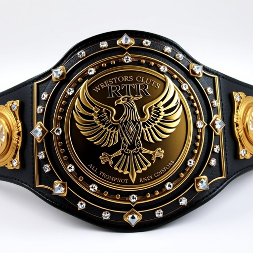 A striking wrestling belt, RTR Champion, crafted from rich black leather. Circular gold plate prominently displays an intricate eagle design, symbolizing strength and victory. Sparkling diamond gemstones embellish the edges, adding a touch of luxury. The extra-large size demands attention, while the absence of crests maintains an air of elegance and prestige.