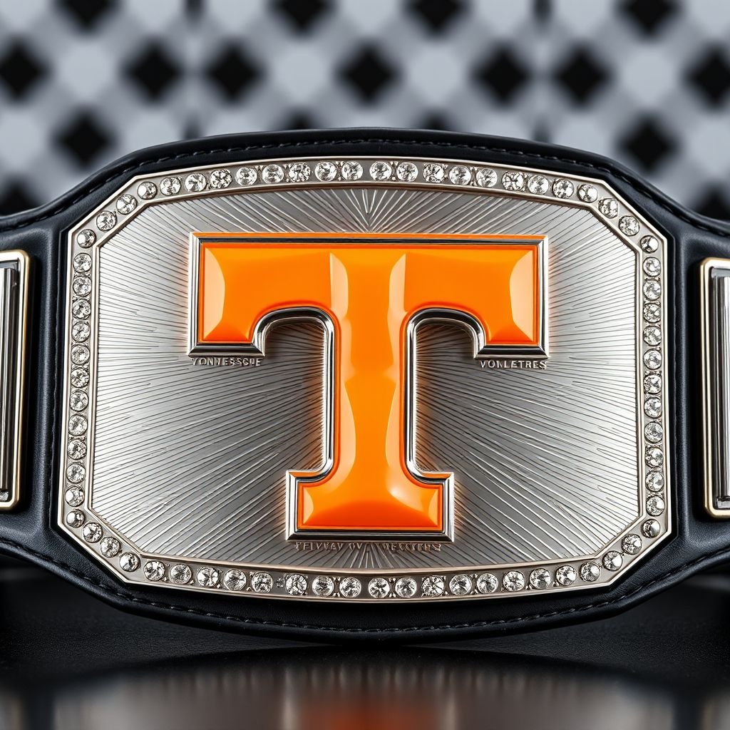 A grand wrestling belt showcased prominently, featuring a sleek black strap. Engraved checkerboard background on the rectangular plate. A striking orange Tennessee Volunteers Power T logo, constructed from radiant diamonds, glimmers with silver trim. Stacked plates create a dynamic 3D effect, embodying a bold, modern cubist art style, large and eye-catching.