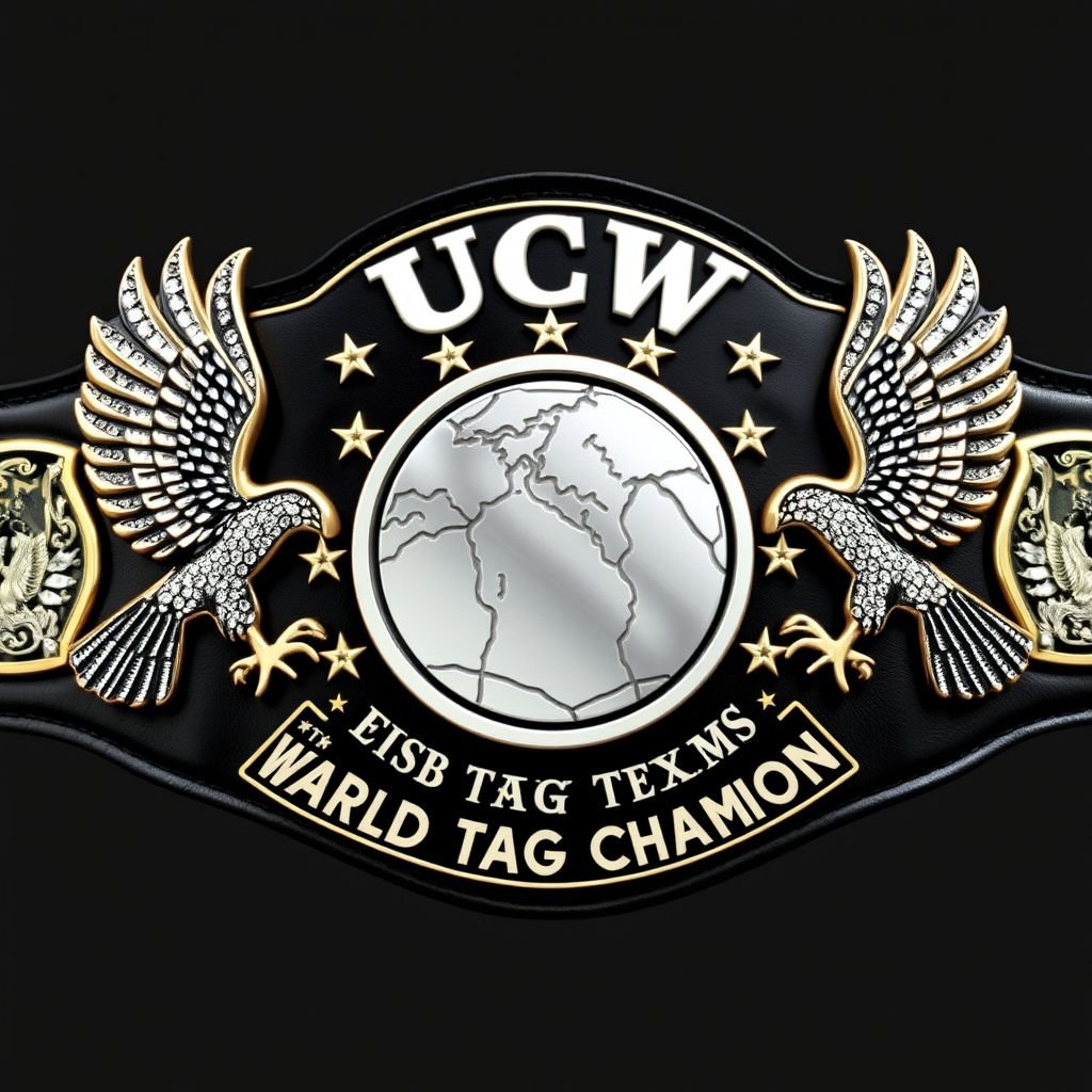 A striking wrestling belt showcases the title UCW WORLD TAG TEAM CHAMPION, a globe surrounded by twinkling stars. Two majestic eagles, carved into the leather, guard a circular silver plate. The black strap gleams, adorned with intricate engravings, sparkling rhinestone gemstones, and bold Champion text, featuring proud eagle crests and symbols.