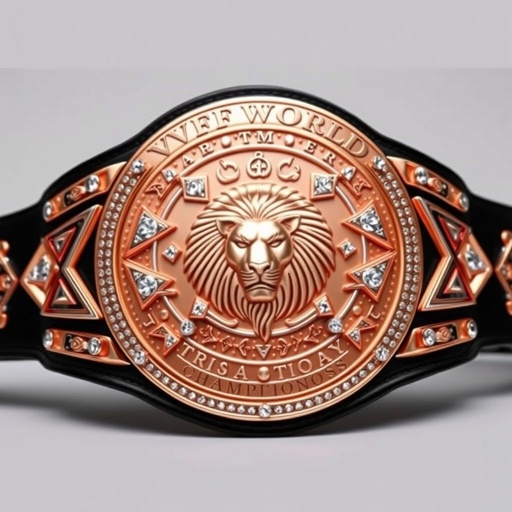 A magnificent wrestling belt showcasing the VWF World Trios Championships. A large rose gold main plate adorned with intricate triangle motifs and sparkling diamond gemstones. The black leather strap contrasts elegantly. A striking lion champion design, emphasizing strength. Unique hammer crests and symbols embellishing the plate, evoking prestige and excellence. 