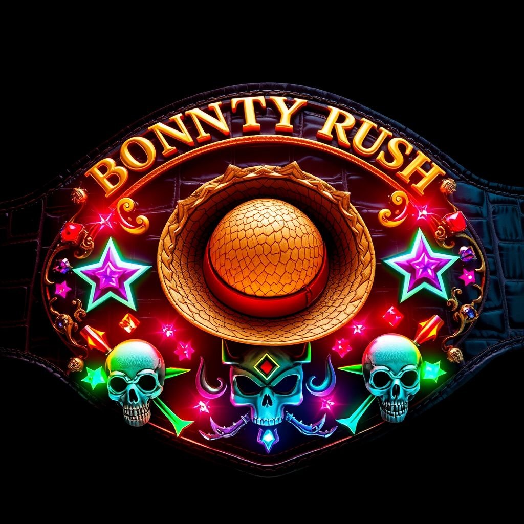 A luxurious alligator skin wrestling belt, rich in texture, adorned with a stunning straw hat from "One Piece" at its center. Golden letters arch above: “One Piece Bounty Rush,” while below, “4 Star VS Champ iFeedYouLead” gleams in radiant hues. Surrealist motifs enhance vibrant, multicolored plates featuring striking star shapes, accented by sparkling ruby gemstones and fierce skull crests.