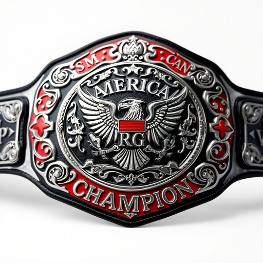 A bold wrestling belt featuring "American Strong Style" intricately engraved on a sculpted plate. Dominant black and red color scheme contrasts with a pristine white strap. The oversized design showcases striking eagle crests and symbolic engravings, while a prominent "Champion" text stands proudly amidst the fierce artistry, exuding power and prestige.