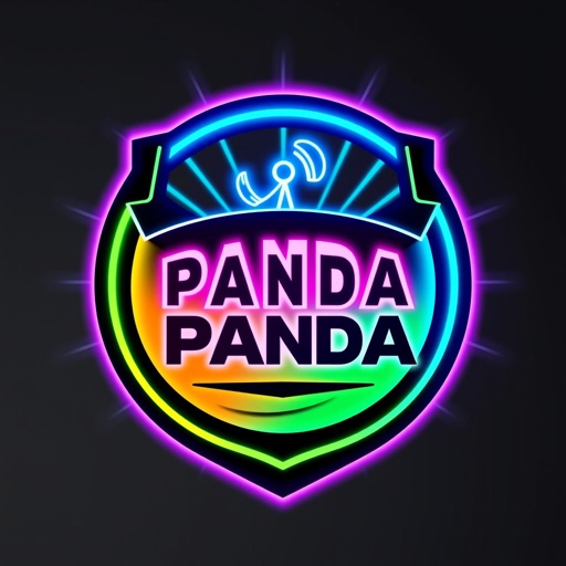 A striking broadcaster logo for Réseau de Diffusion PANDA. Modern visual style with a bold neon color scheme. Custom emblem shape featuring sleek curves and sharp angles. Satellite iconography integrated into the design, creating fluid lines. Vibrant blues, greens, and pinks radiate, capturing attention and symbolizing dynamic communication and connection.
