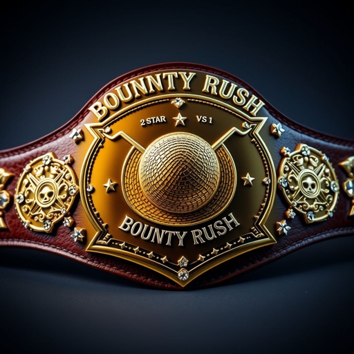 A championship wrestling belt, luxurious leather strap in deep brown. Centered, a straw hat from “One Piece,” iconic and detailed. Above, bold text “One Piece Bounty Rush,” elegant font. Below, “2 Star 1 vs 1 Champ,” strikingly engraved. Shield-shaped plate, rich bronze color, adorned with sparkling rhinestones, star crests, and intricate symbols.