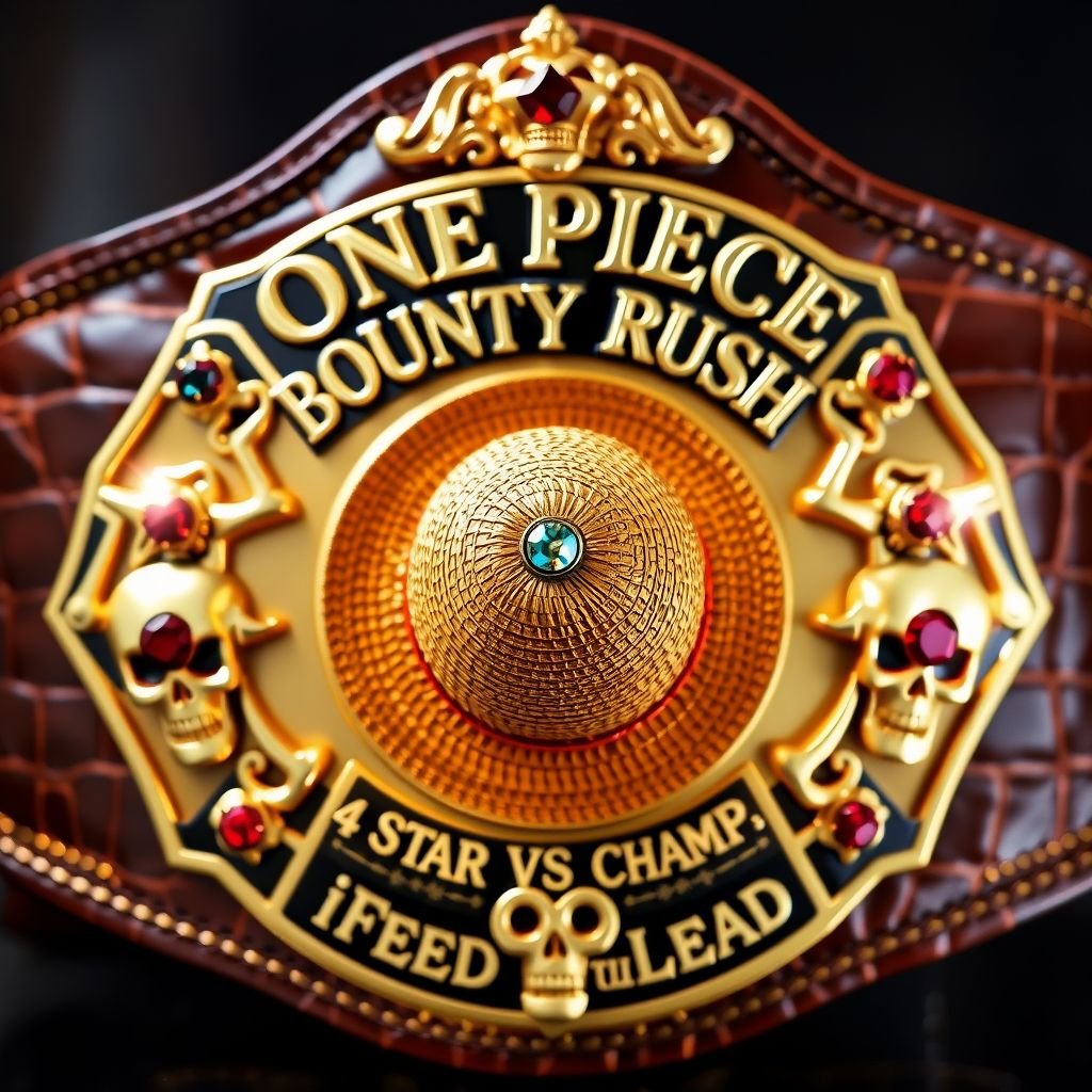 A luxurious alligator skin wrestling belt, shimmering gold accents. A vibrant straw hat centered, evoking “One Piece” charm. Bold lettering reads “One Piece Bounty Rush” above, “4 Star VS Champ iFeedYouLead” below. Star-shaped plates adorned with multicolor gemstones, ruby accents flashing. Skull crests framing an epic championship aura, large and imposing.