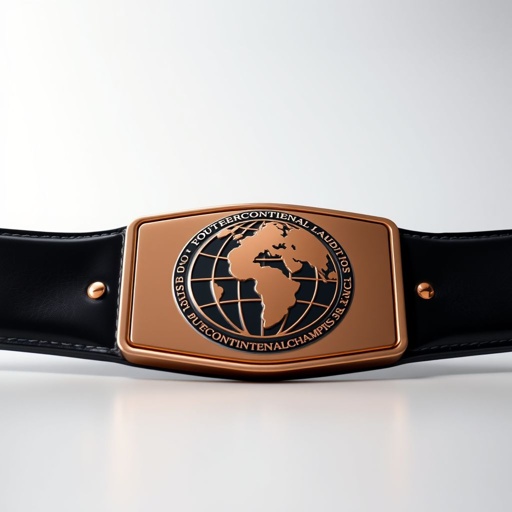 Wrestling belt, RTR Outercontinental Champion. Glossy leather material, sleek black strap, sharp rectangular plate. Elegant rose gold finish gleaming under soft light. Intricate globe champion design etched on the surface, conveying prestige. Modern aesthetic, bold and extravagant, oversized dimensions exuding authority. Minimalist elegance, devoid of crests or gemstones, pure sophistication.

