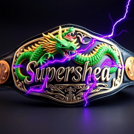 Wrestling belt showcased prominently, the word "Supershea" elegantly embossed at the center. Flourishing green dragon, fierce expression, fiery breath curling upward. Striking purple lightning zigzags across a sleek black strap. High-polished large silver front plate, intricate details, bordered with an opulent gold outline. Dynamic energy and regal aura radiate throughout.