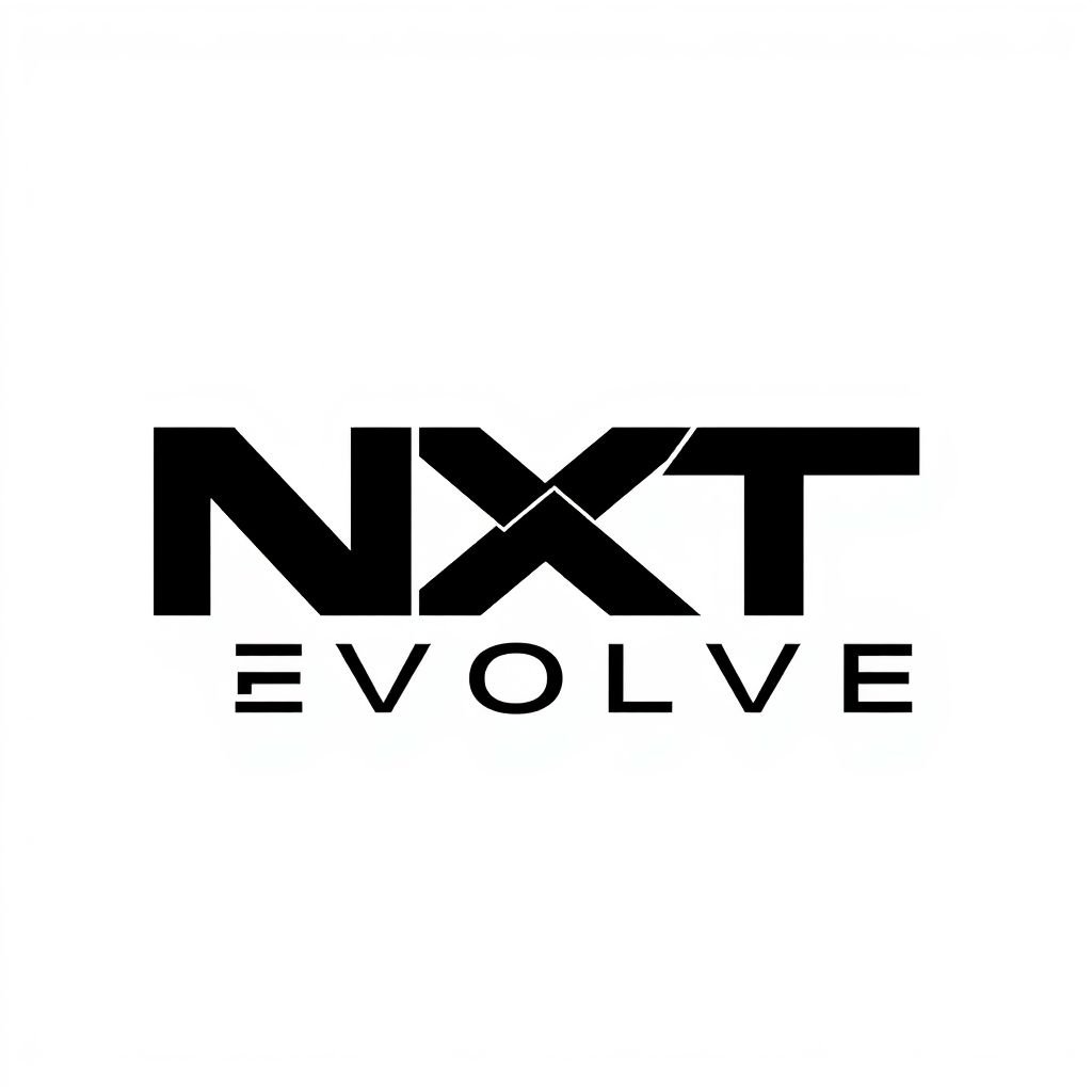 Logo design concept for "NXT EVOLVE," featuring a striking black and white color scheme. Minimalistic complexity presented through geometric shapes, smooth lines, and balanced proportions. Modern font style exuding sophistication and innovation. Subtle interplay of light and shadow adds depth, creating a dynamic visual impact while maintaining clarity and sleek elegance.