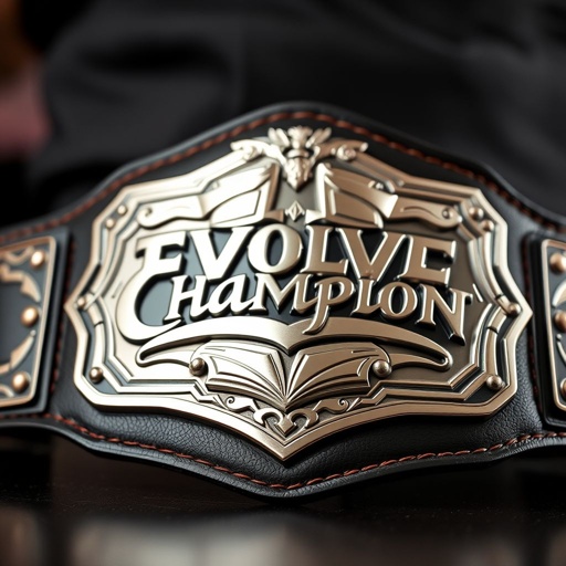 A detailed wrestling belt, EVOLVE Champion edition, showcased prominently. Rich black leather strap, adorned with intricate stitching. Center plate, shimmering silver, features a unique, ornate shape. Bold lettering spells "Champion" in an eye-catching font. Highlights of craftsmanship, reflecting light. An air of prestige and excellence envelops this extraordinary wrestling accessory.