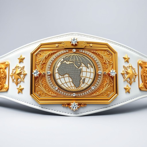 An ornate wrestling belt, emblematic of the RTR Outercontinental Champion. Bold leather crafting in pristine white, adorned with a dazzling gold rectangular plate. The globe champion design at the center, surrounded by sparkling crystal gemstones. Extra-large dimensions, flanked by intricate star crests and symbolic engravings, epitomizing strength and prestige.