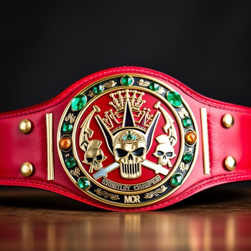 A vibrant wrestling belt featuring a luxurious leather strap in bold red. Sleek circular plate adorned with a classic design in multicolors, showcasing a regal crown champion motif. Eye-catching emerald gemstones embedded within the plate. Striking skull crests and symbols enhance the artwork, conveying a sense of fierce competition in a youthful size.