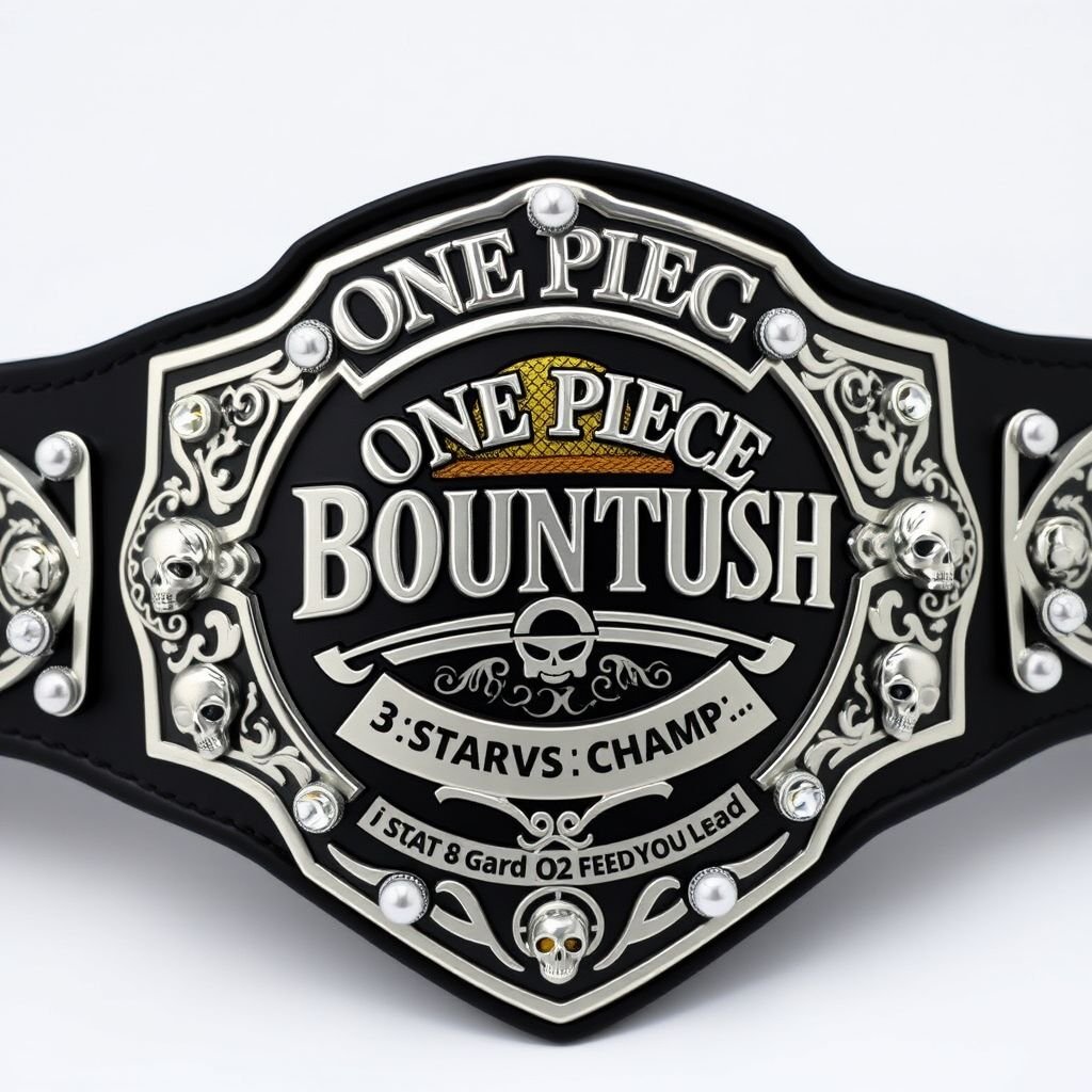 A grand wrestling belt, its black strap gleaming. At the center, a distinctive straw hat, iconic from “One Piece.” Above the hat, bold lettering spelling “One Piece Bounty Rush.” Below, “3 Star VS Champ iFeedYouLead” in an elegant font. Silver engraved plates, adorned with skull crests and shimmering pearl gemstones, showcase an impressive shield shape, radiating championship prestige.