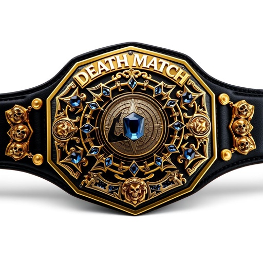 A magnificent wrestling belt titled "Deathmatch World Championship." A luxurious black leather strap contrasts with a grand, gold plate. Classic pentagon shape adorned with intricate gothic art style. Center features a globe champion design, accented by brilliant sapphire gemstones. Skull crests and symbols embellish the plate, evoking power and prestige.