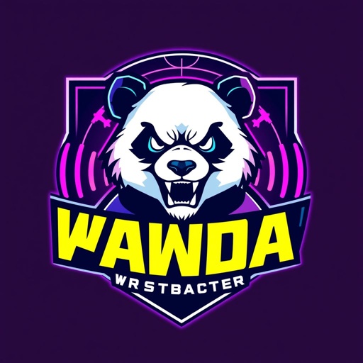 A sleek, modern broadcaster logo featuring a stylized panda, fierce yet playful. Neon hues of electric blue and vibrant pink dominate the design. Custom emblem shape incorporates satellite imagery and sound waves. Glossy finish enhances visibility, creating a striking contrast. Urban-inspired vibes, appealing to wrestling fans and tech enthusiasts alike.