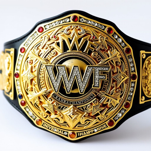 A stunning wrestling belt, VWF Universal World Championship, gleaming with intricate gold plating. Classic elegance with a black leather strap. Multicolored gems sparkle—red, blue, yellow, white. Large, detailed plates featuring diamond-encrusted designs and wrestler symbols. Star crests etched into the surface, a globe centerpiece, and a luxurious, grand appearance.