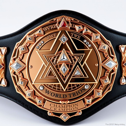 A stunning wrestling belt showcases the VWF World Trios championship. A large rose gold main plate gleams with intricate triangle design motifs, adorned with shimmering triangle gems. The black leather strap contrasts elegantly, framing the bold, modern plate design. Crests, symbols, and diamond gemstones accentuate the exquisite globe champion emblem, signifying victory.