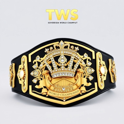 A magnificent wrestling belt, the TWS Sovereign World Championship, featuring a luxurious black leather strap, adorned with an intricate gold plate. The plate boasts a crown champion design, embellished with sparkling diamond gemstones. The large size radiates prestige, showcasing hammer crests and symbols, a true emblem of victory and excellence.