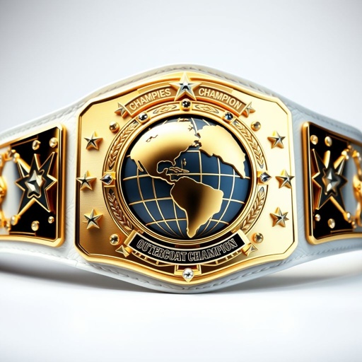 A prestigious wrestling belt, adorned with gleaming gold plates, showcasing a globe champion design at its center. The outercontinental champion title prominently displayed. A luxurious white leather strap complements the modern rectangular plate shape. Surrounding star crests and symbols add flair, while sparkling crystal gemstones enhance its grandeur. Extra-large, truly impressive.