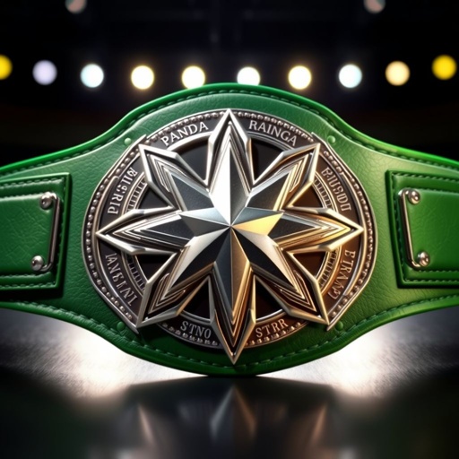 A prestigious wrestling belt gleaming under bright lights. The centerpiece features a bold, silver star-shaped plate, intricately designed. Surrounding the central plate, a rich green leather strap, smooth and luxurious. Embossed details highlight the words “PANDA Rising Star,” symbolizing strength and triumph. A symbol of championship and honor awaits.