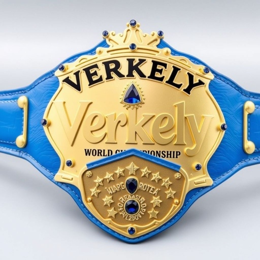 Wrestling belt titled "Verkely World Championship," featuring bold black lettering. A luxurious leather material, with a vivid blue strap color. Minimalistic, serrated plate shape adorned with a gleaming gold finish. Crown champion design embellished with radiant sapphire gemstones. Child-sized, featuring intricate star crests and symbols, capturing the essence of victory.