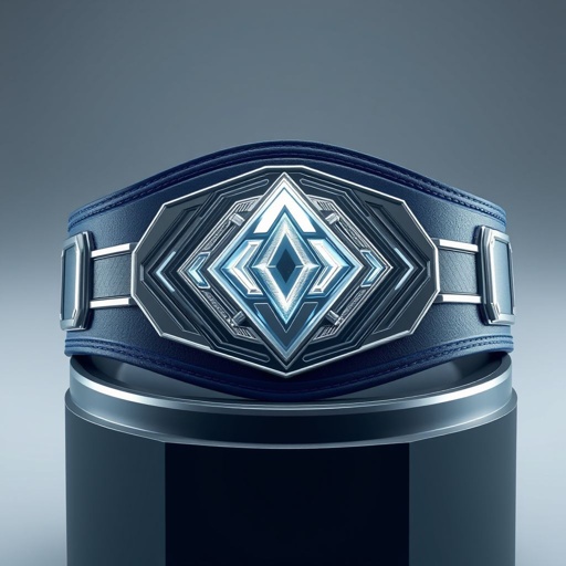 A championship belt resting on a sleek pedestal, crafted from high-quality leather. Futuristic design elements accentuate its structure, featuring a striking silver and blue color scheme. A bold diamond-shaped centerpiece sparkles under soft lighting. Intricate 3D engraving detailing glistens, showcasing a prominent logo, radiating prestige and excellence.