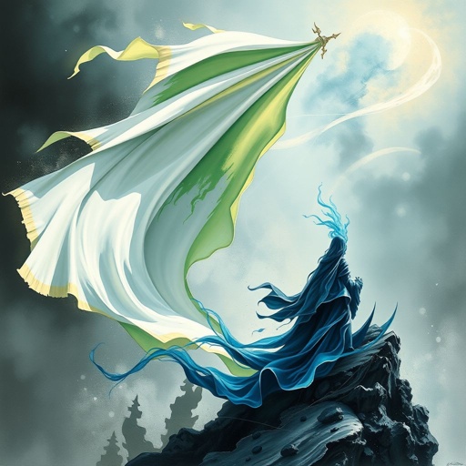 A striking artwork displaying a flowing white and green flag billowing alongside a mysterious blue figure named Jhuan. Abstract shapes and mythical elements intertwine, created with charcoal, highlighting the ethereal quality. A tetradic color palette adds vibrancy. Dawn light softly illuminates, revealing smooth textures and a harmonious golden ratio composition, enhancing the aerial perspective.