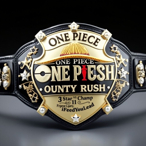 A striking wrestling belt, crafted from glossy vinyl, features a distinctive shield plate shape. Centered, a straw hat, resembling the iconic “One Piece” style. Above, the words "One Piece Bounty Rush," elegantly embossed in bold letters. Below, "3 Star 1 vs 1 Champ iFeedYouLead" in sleek font. A black strap, shimmering with silver accents, adorned with radiant pearl gemstones. Star crests and symbols embellish the large design, enhancing its champion appeal in a realistic art style.