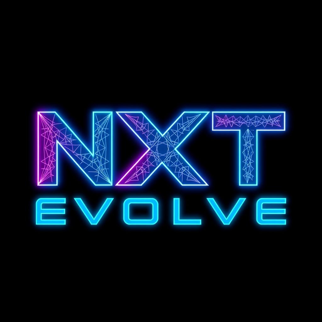 A sleek, futuristic logo for "NXT EVOLVE," featuring bold, neon hues of electric blue and vibrant pink. Intricate geometric patterns weave through the lettering, showcasing detailed complexity. The modern font style boasts sharp edges and smooth curves, illuminated by a soft glowing effect, set against a dark, minimalist background.